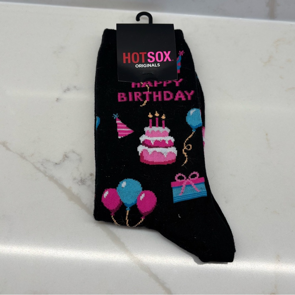 Hot Sox Happy Birthday Celebration Socks - Black Pink Blue Cake and Balloons
